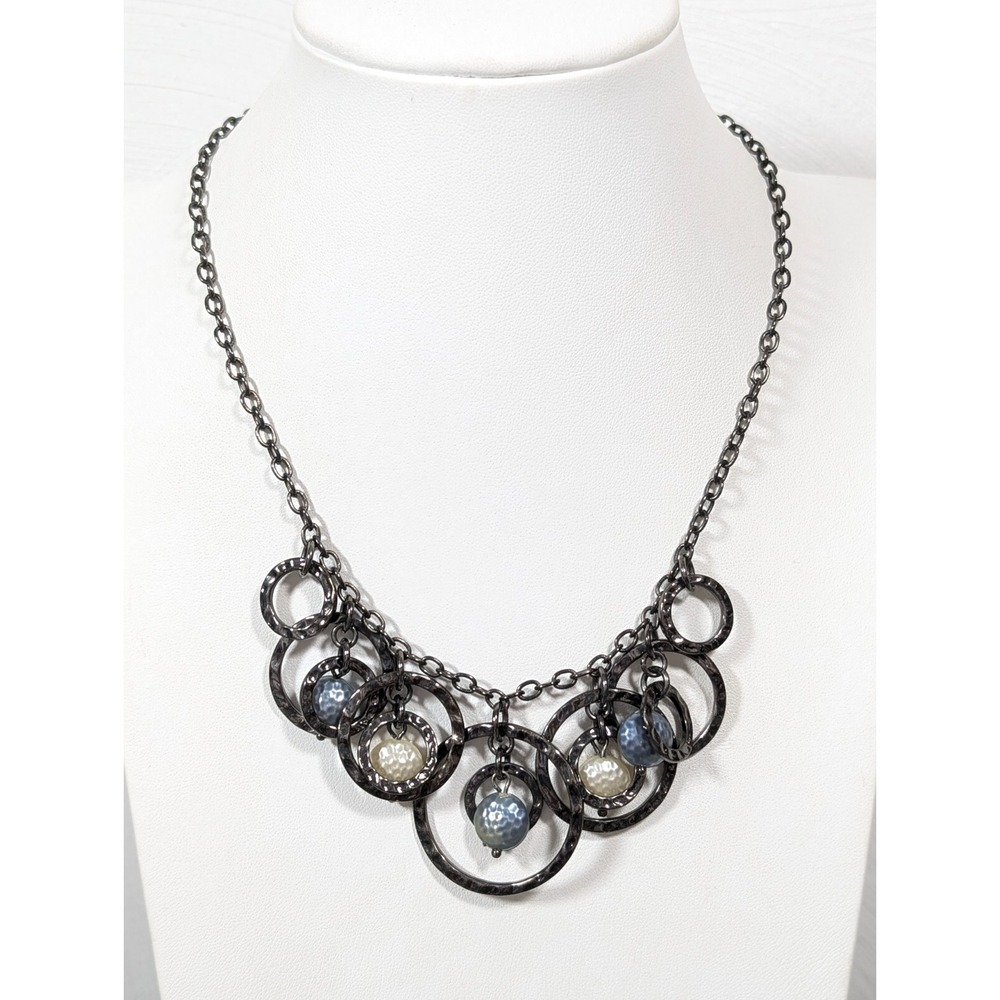 Lia Sophia Marseille Gray Hammered Chain Faux Pearl Charm Statement Necklace
